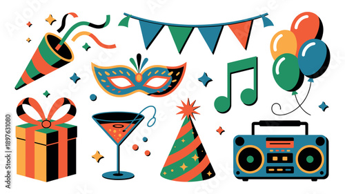 A colorful illustration of various party objects and decorations on a white background