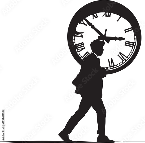 Silhouette of businessman carrying large clock on his back, symbolizing time pressure and urgency