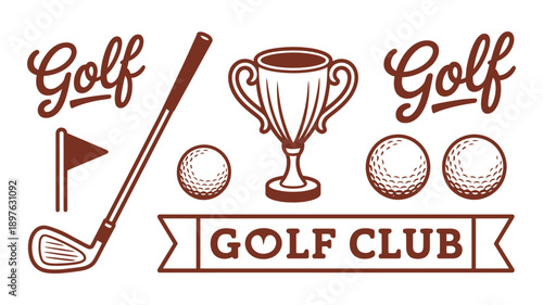 A logo for a golf club featuring golf balls, a trophy, and a golf club on a white background.