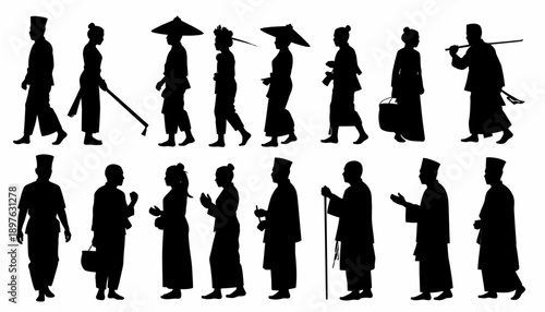 Silhouettes of people in traditional Japanese attire walking.
