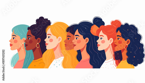 Diverse group of women with different hairstyles and skin tones.