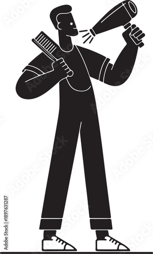 Stylish barber holding hairdryer and comb in minimalist black and white silhouette design, professional salon theme