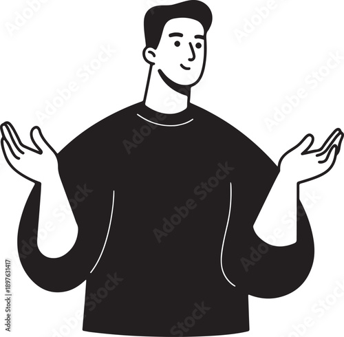 Casual man shrugging with raised hands in black shirt, minimalist flat design style with bold outlines