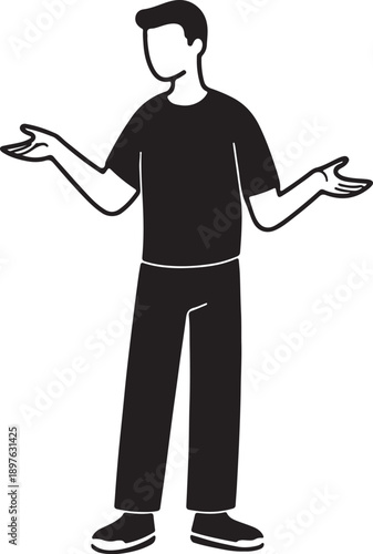 Silhouette of a man shrugging with confusion or uncertainty, minimalist black and white vector style with clean lines