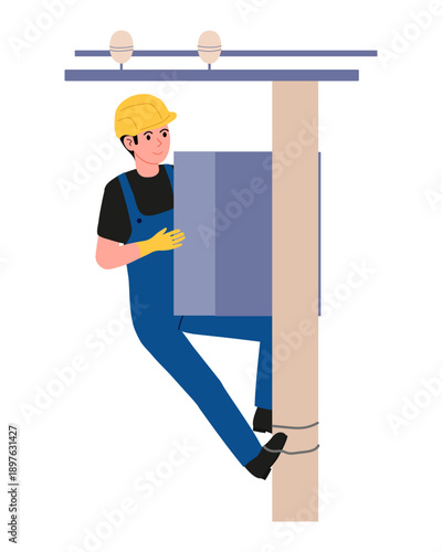 Electrical installation. Electrician in special clothes climbs onto electric pole with high-voltage wires to work in switchboard