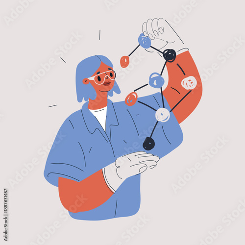 Cartoon vector illustration of female scientist holding large molecular model and examining it, research and chemistry concept