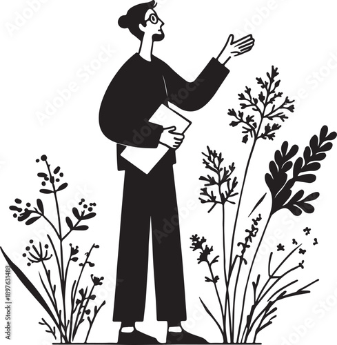 Botanist examining plant in field, monochromatic minimalist style with bold silhouettes and natural elements