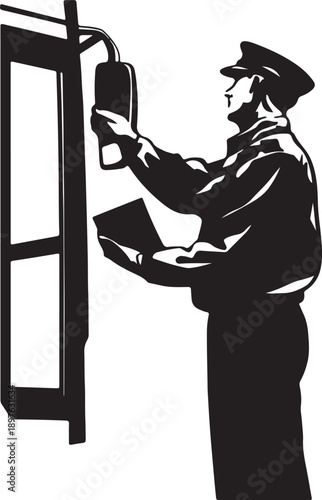 Retro bus conductor in uniform punching ticket at turnstile, vintage monochromatic silhouette design