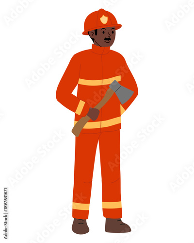 Axe in hands of black man firefighter. Fire fighting equipment and tools. Professional firefighter in protective suit.