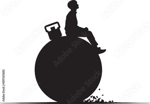 Silhouette of a person sitting on a lit bomb with a burning fuse, dramatic minimalist style with stark contrast