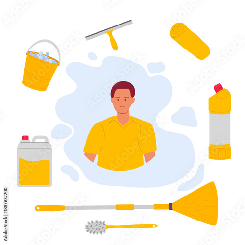 Man in need of cleaning. Smiling portrait of a male character surrounded by cleaning supplies and equipment
