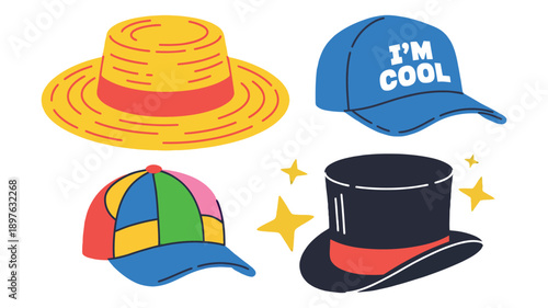 A colorful illustration of various hats including a straw hat, baseball caps, and a top hat.