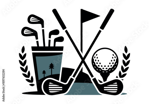 A graphic illustration of golf clubs and a ball in a bucket with a flag and laurel leaves on a white background