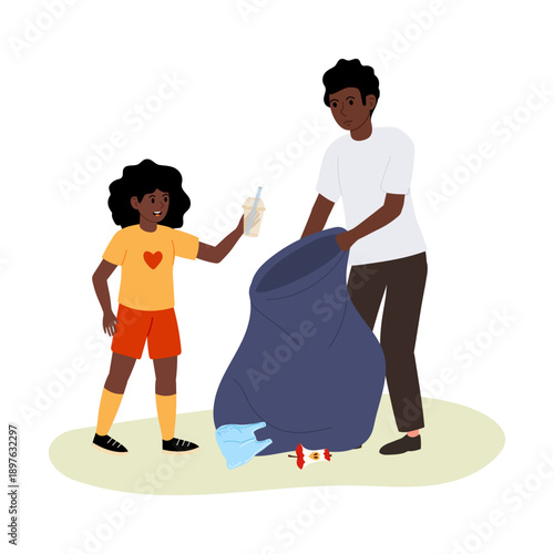 Father teaching daughter to pick up trash. Man and girl holding large bag and collecting garbage on street. Vector illustration.
