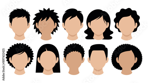 A diverse group of cartoon people with different hairstyles and skin tones on a white background