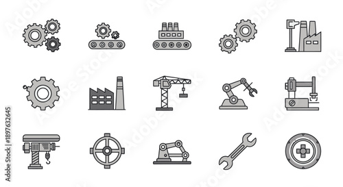Industrial machinery and equipment icons set in simple style.