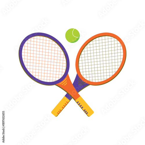 Sports logo. Two crossed rackets and ball. Flat Vector illustration for sports shops, signs, banners. Sports equipment.