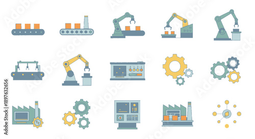 Collection of Industrial Icons Featuring Machines and Gears.