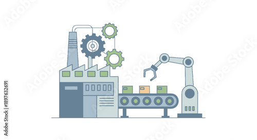 Industrial factory production line with robotic arm and machinery.