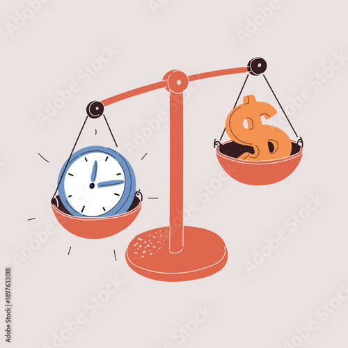 Cartoon vector illustration of scales with clock on one side and dollar sign on the other, time versus money concept