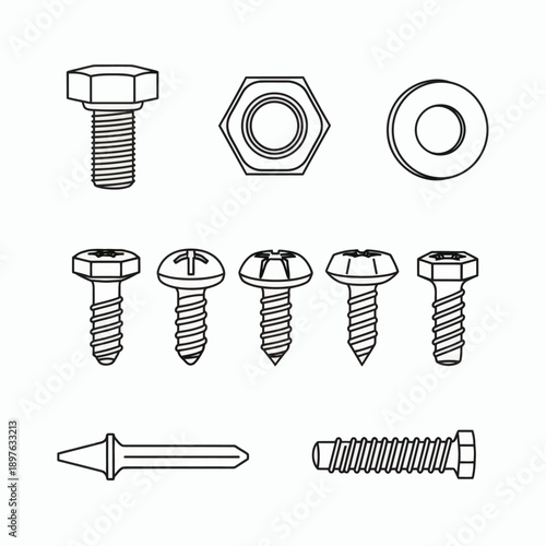 Collection of various bolts, nuts, screws, and washers in a linear illustration style, highlighting industrial hardware and fasteners