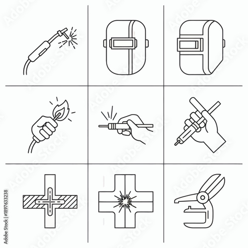 Comprehensive collection of line icons representing essential welding equipment, tools, and processes for metal fabrication and industrial applications, including protective gear and work accessories