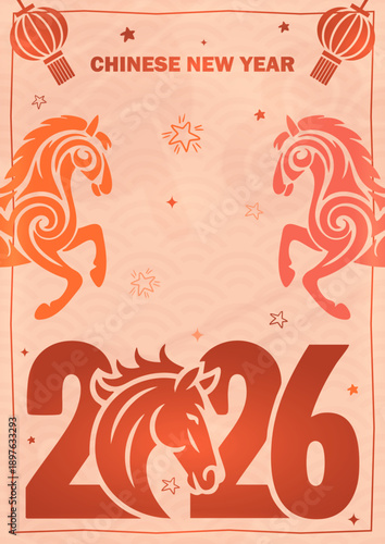 2026 Chinese New Year Year of the Horse Poster, Lunar New Year 2026 Zodiac Horse Celebration Banner, Traditional Chinese New Year 2026 Horse Vector Design, Year of the Horse 2026 Lunar Festival Greeti