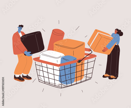 Cartoon vector illustration of man and woman holding boxes and putting them into large supermarket basket, shopping concept