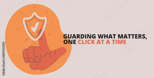 Cartoon vector illustration of hand pressing on shield icon, protection and security concept