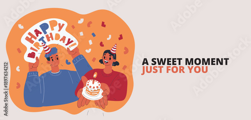 Cartoon vector illustration of people celebrating birthday with cake and congratulatory banner, party and celebration concept