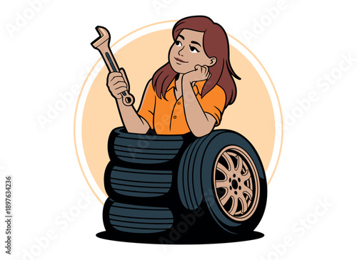 A cartoon woman sitting on a stack of tires holding a wrench and looking thoughtful