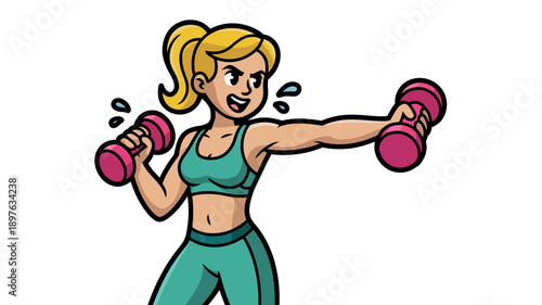 A cartoon woman lifting pink dumbbells in a green workout outfit with a determined expression