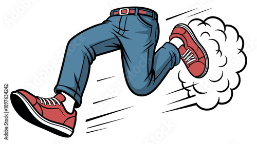 A cartoon illustration of a person running quickly with motion lines and a cloud of smoke behind their feet.