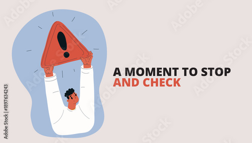 Cartoon vector illustration of man holding red triangular warning sign with exclamation mark, alert and caution concept