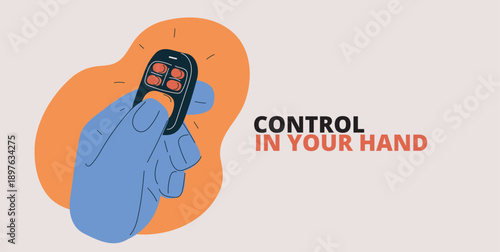 Cartoon vector illustration of hand holding remote control for gate or alarm system, security and access concept