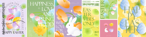Happy Easter. Vector modern minimalist abstract illustrations of eggs, bunny, chick, pastel flowers, and leaves for spring  greeting card, gradient poster, background, flyer, postcard or cover