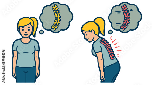 A woman experiencing back pain and thinking about her spine