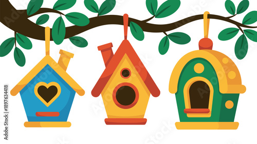 Three colorful birdhouses hanging from a tree branch with green leaves on a white background