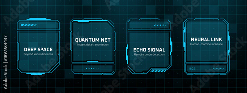 Futuristic digital hud interface elements with deep space, quantum net, echo signal, and neural link for sci-fi user experience.