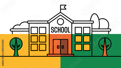 A colorful illustration of a school building with a flag on top and trees in front