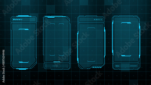 Four futuristic hud elements on grid background. Digital virtual screen interface for ui ux design. Sci fi high tech concept.