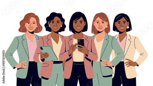 A diverse group of professional women standing together in business attire, smiling and confident.