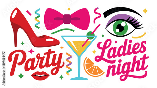 A vibrant illustration of a ladies' night party with colorful graphics and text