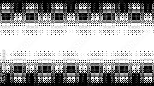 Black and white pixel art gradient background with halftone dots changing density. Vector digital pattern for technology and retro design aesthetic.