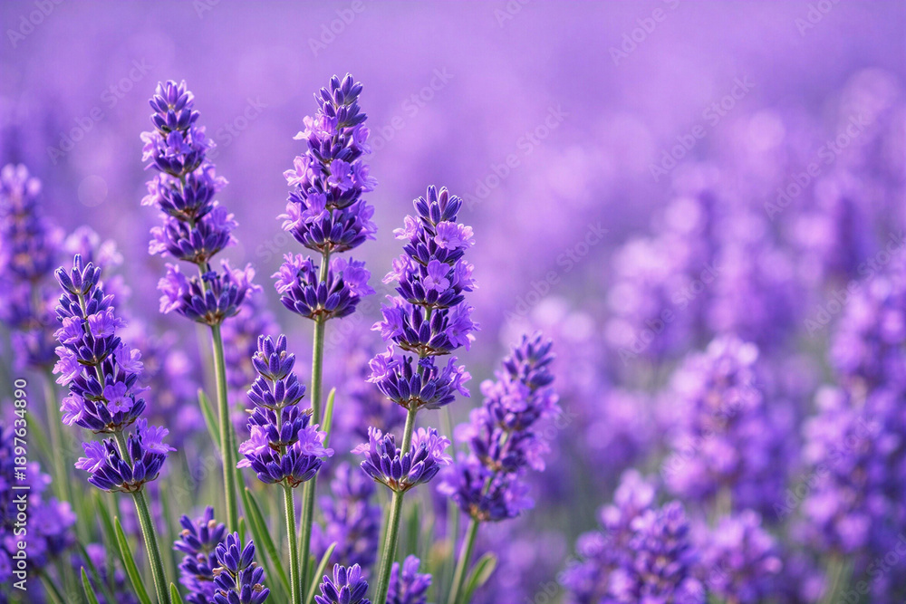 Naklejka premium lavender field in provence france, a field of blooming lavender with lavender flowers in the foreground, summer violet lavender background