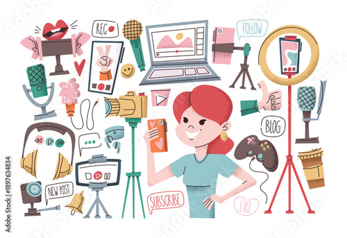 Blogging hand drawn set with pretty female blogger and various doodle style colorful elements