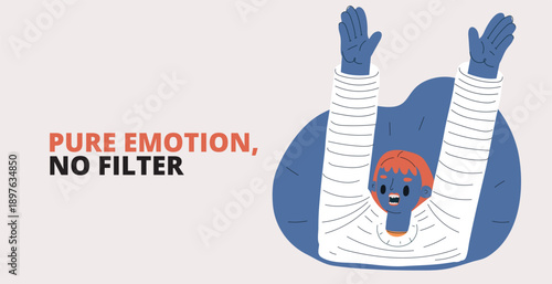 Cartoon vector illustration of girl raising hands up, celebration and excitement concept