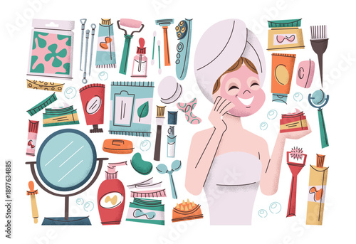 Cosmetology hand drawn elements isolated set with charming woman applying skincare facial mask