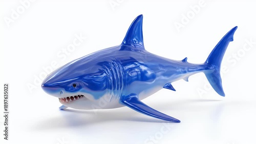 Blue shark toy on a white background, studio shot.