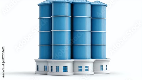 Blue Silos - Industrial Storage Structures on White Background.